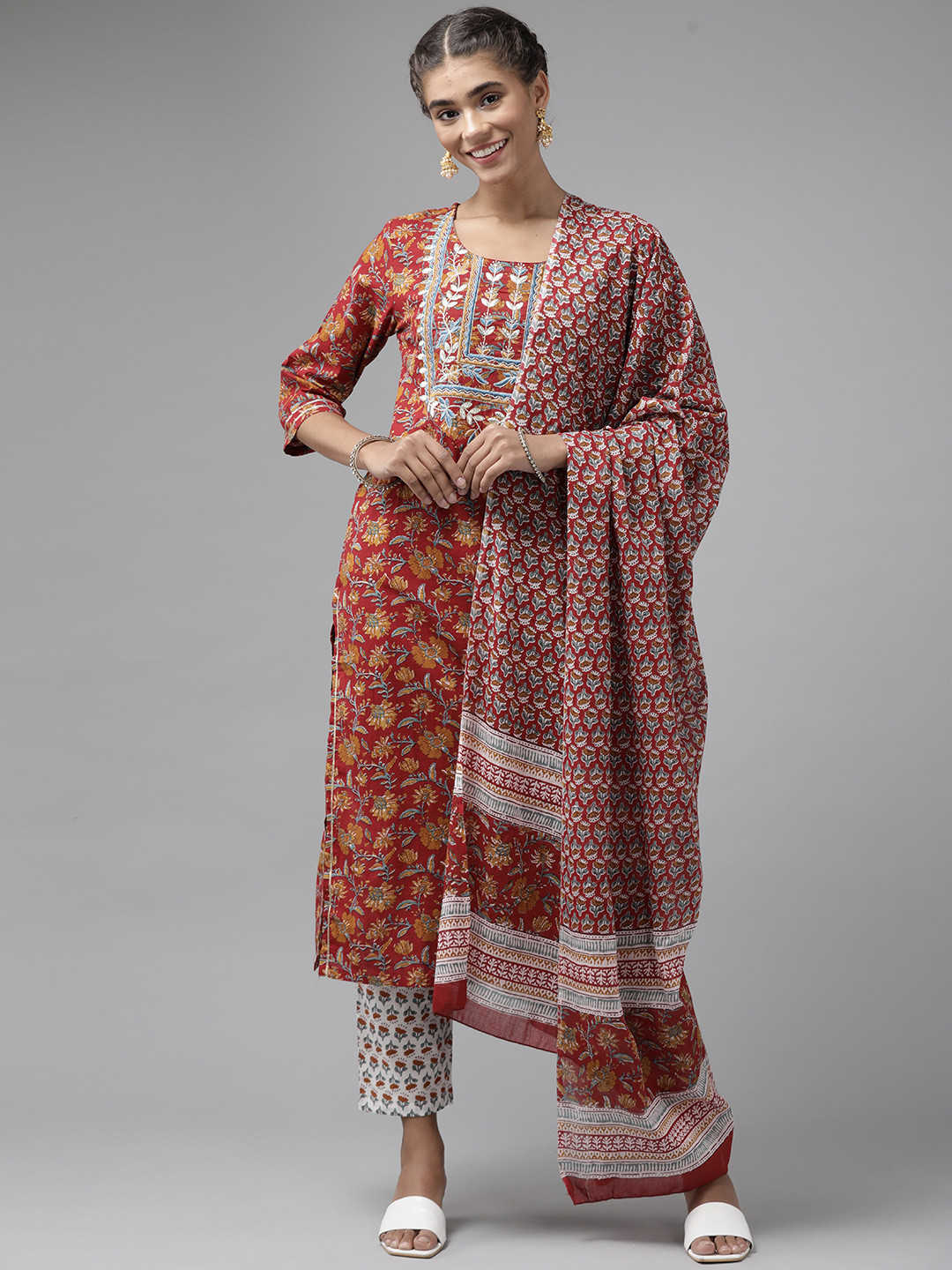 

Yufta Women Red Ethnic Motifs Printed Embroidered Cotton Kurta with Palazzos & Dupatta