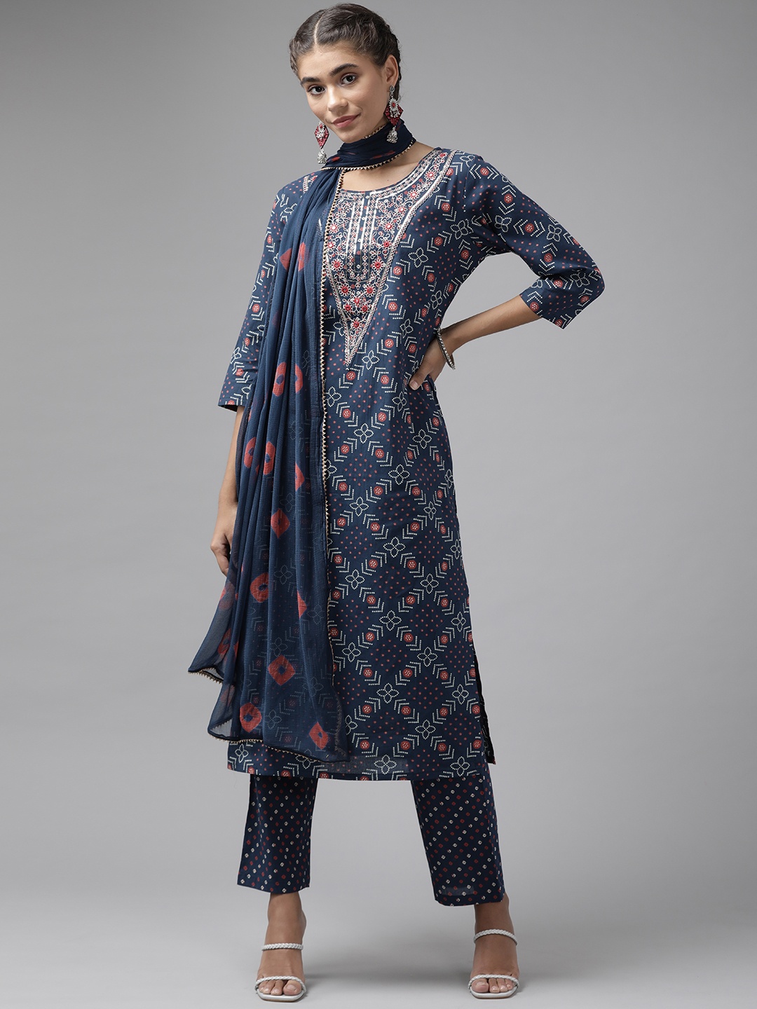 

Yufta Women Navy Blue Bandhani Printed Mirror Work Cotton Kurta with Palazzos & Dupatta