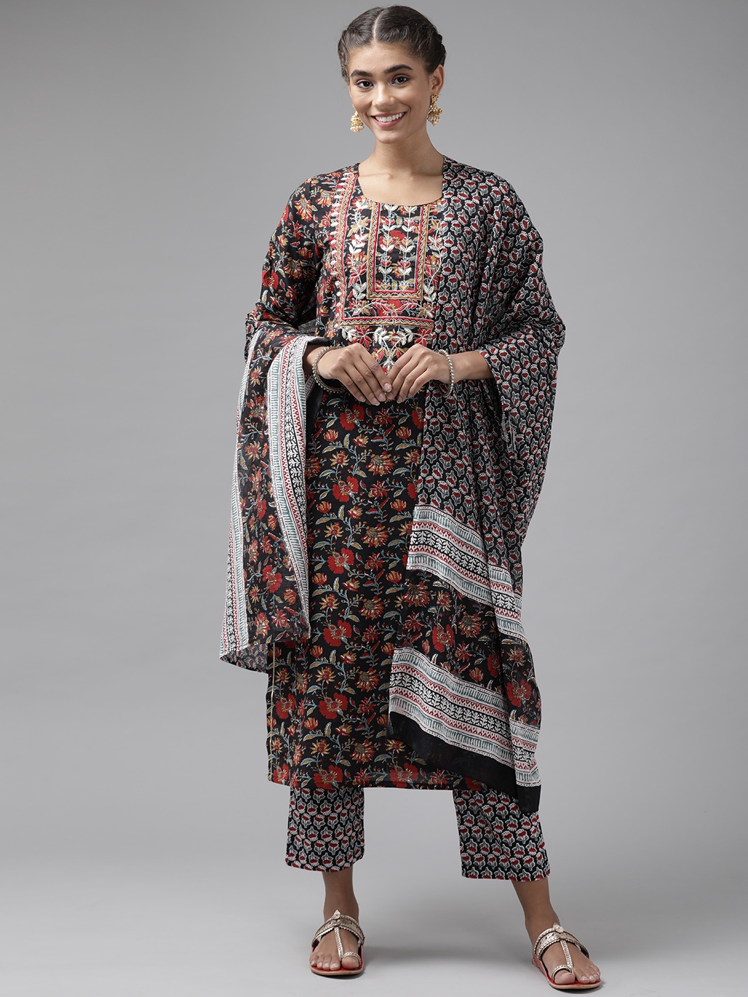 

Yufta Women Black Ethnic Motifs Printed Embroidered Cotton Kurta with Palazzos & Dupatta