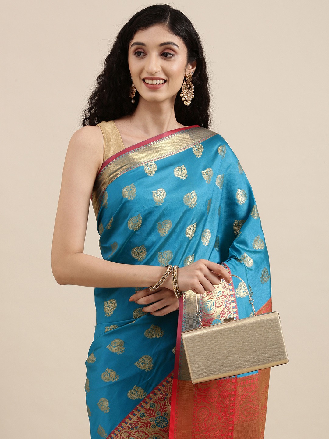 

Mitera Blue & Gold Floral Zari Silk Cotton Celebrity Banarasi Saree