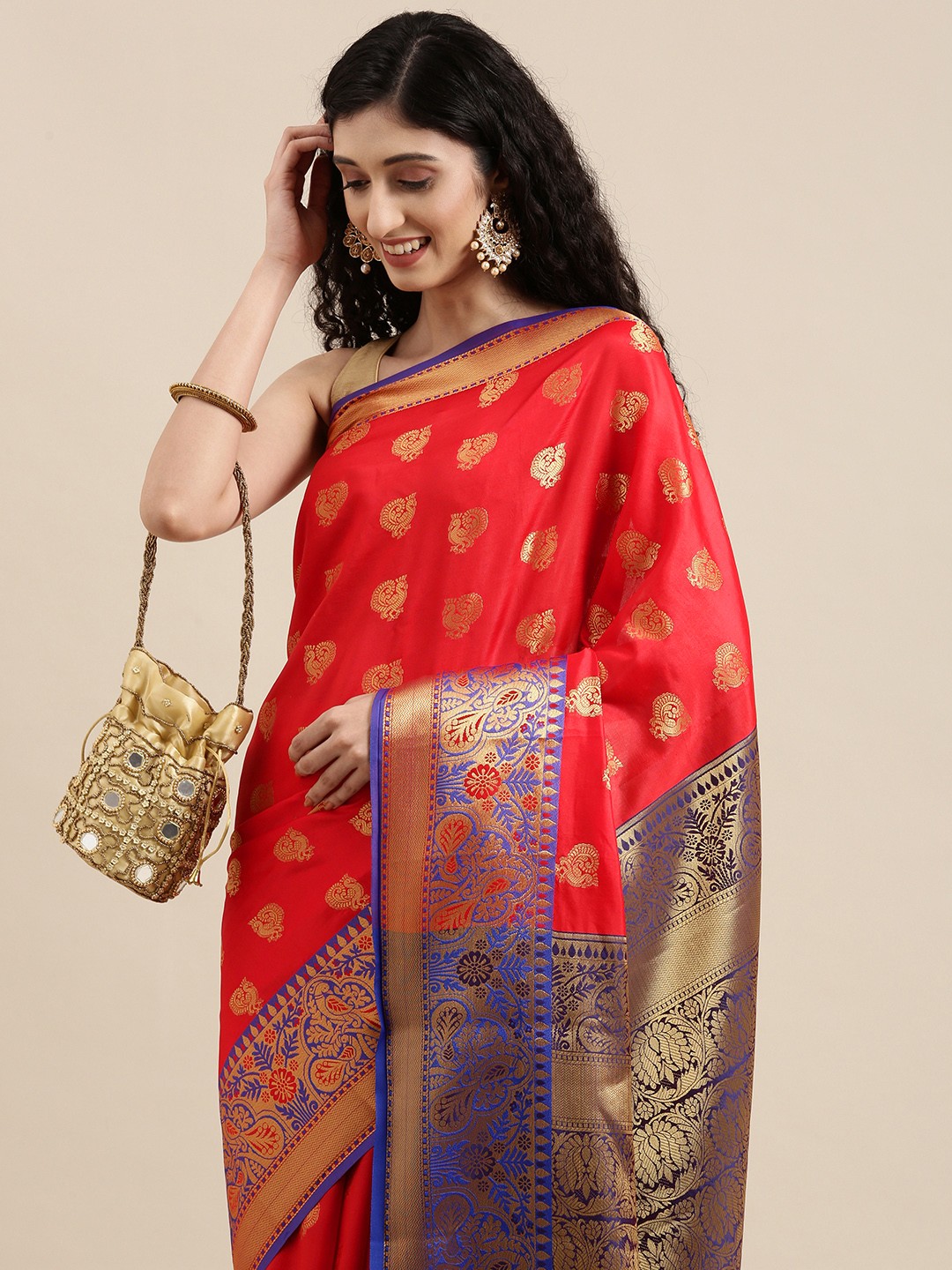 

Mitera Red & Gold Ethnic Motifs Zari Silk Cotton Celebrity Banarasi Saree