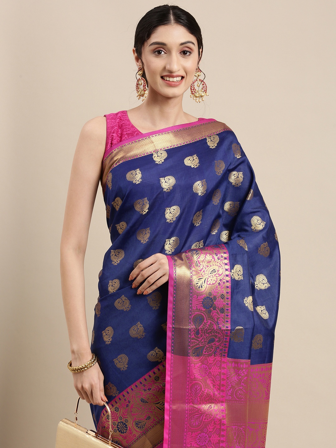 

Mitera Navy Blue & Gold Ethnic Motifs Zari Silk Cotton Celebrity Banarasi Saree