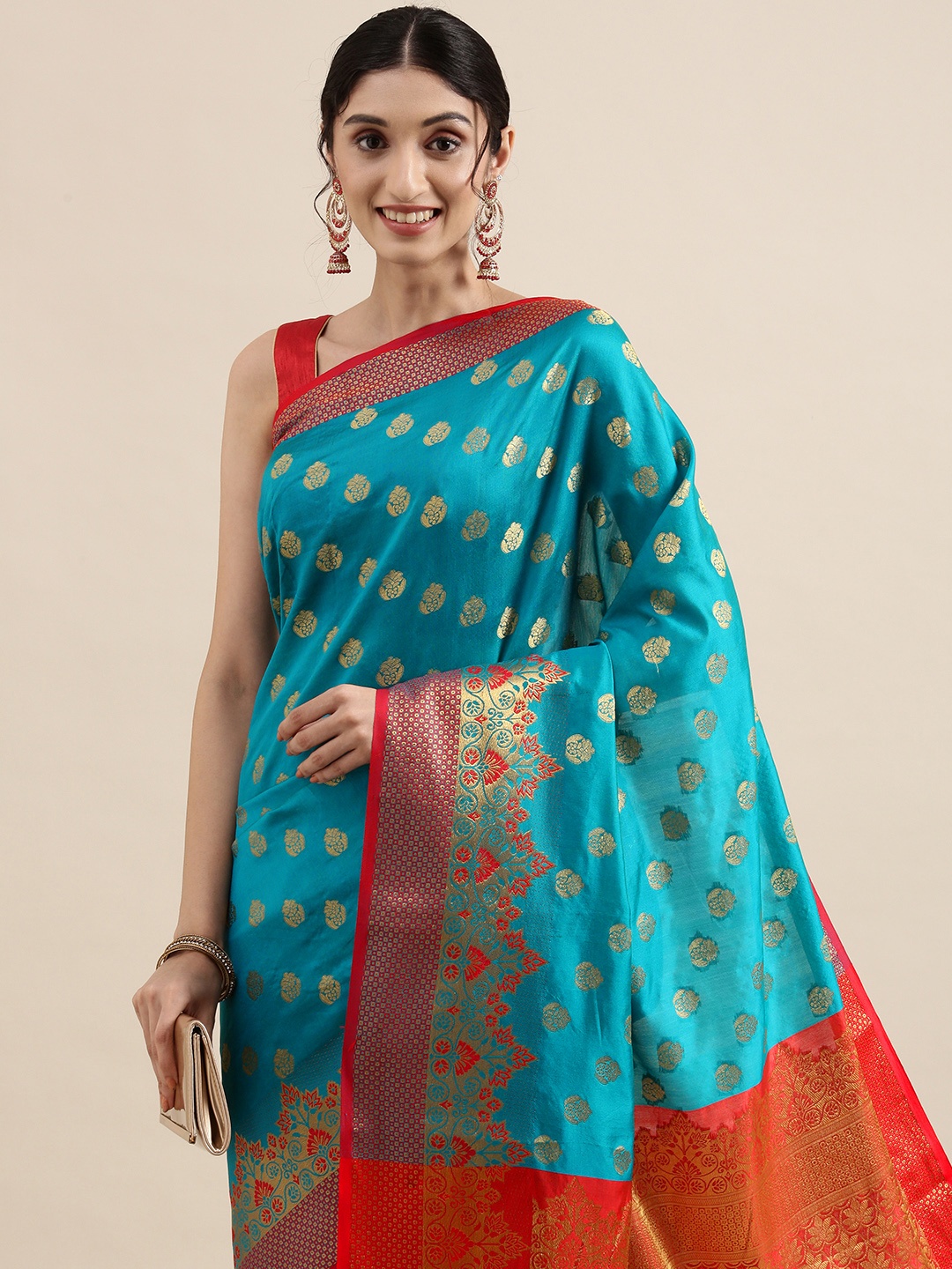 

Mitera Teal Blue & Gold Floral Zari Silk Cotton Celebrity Banarasi Saree