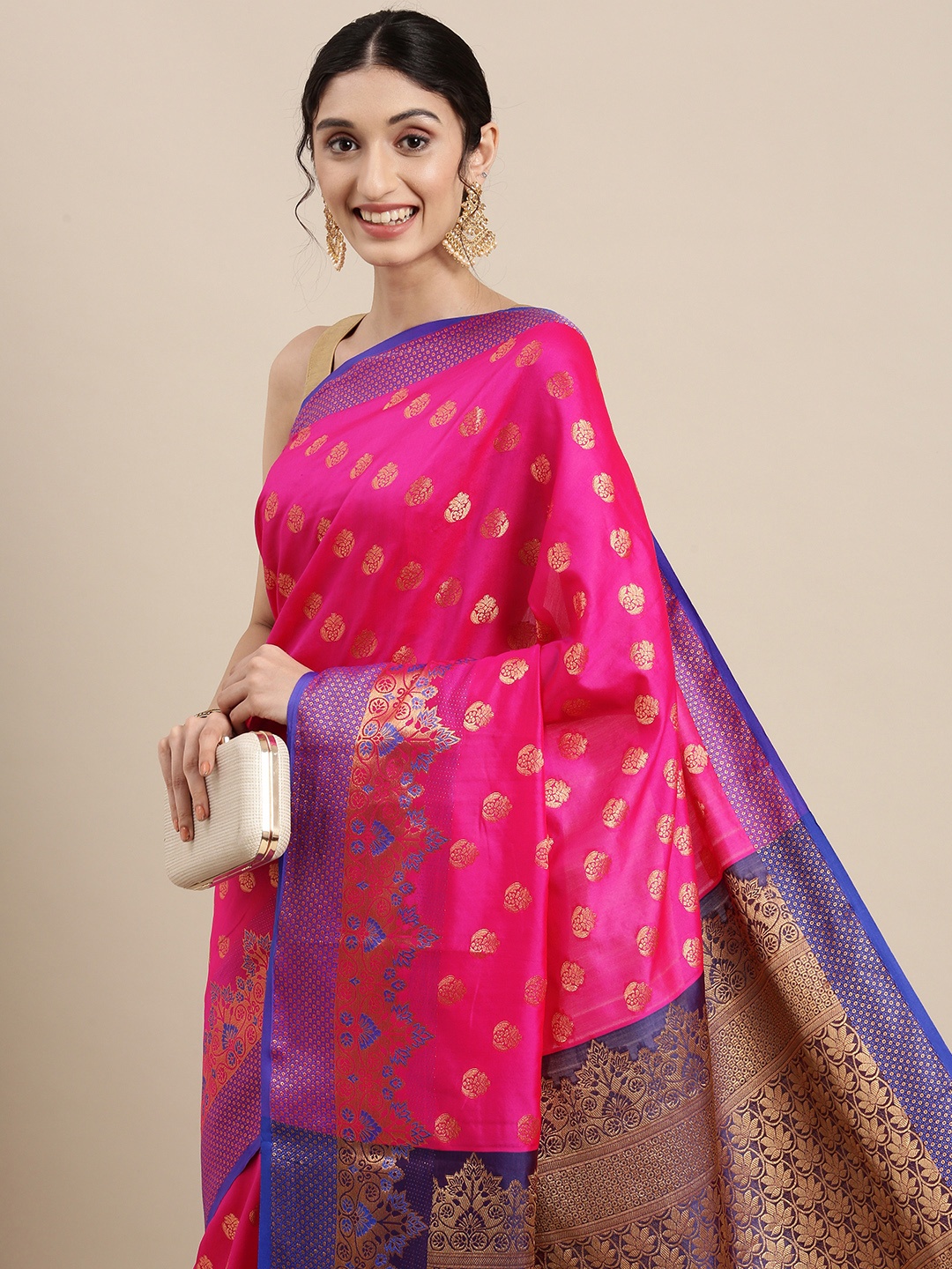 

Mitera Pink & Gold Floral Zari Silk Cotton Celebrity Banarasi Saree