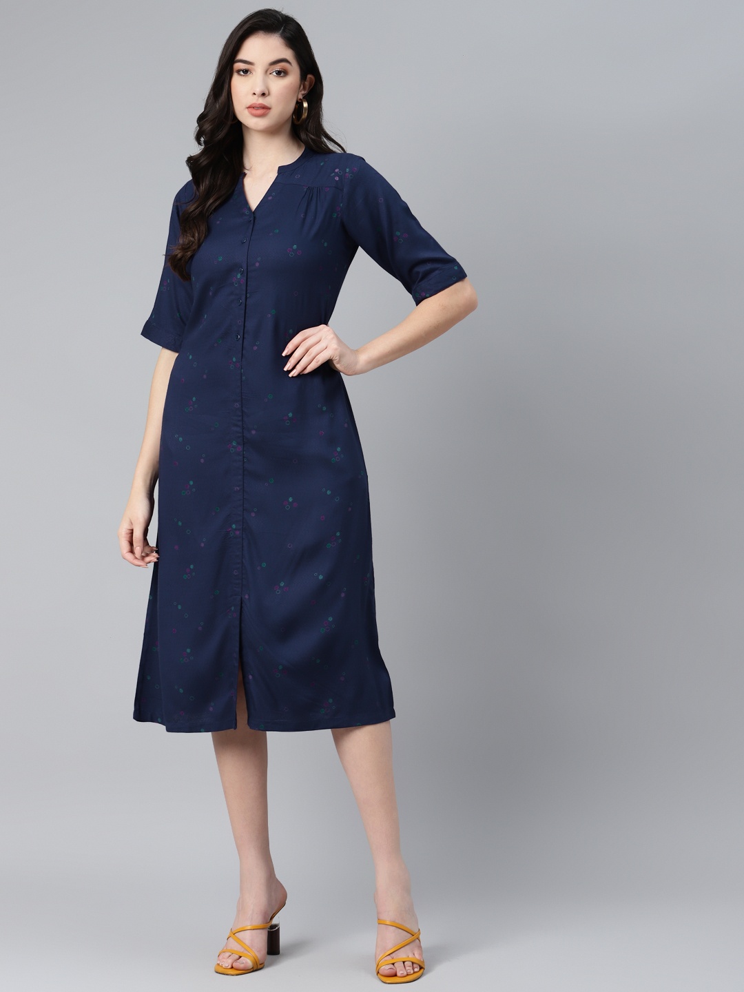 

Ayaany Women Navy Blue Solid Pure Cotton A-Line Midi Dress