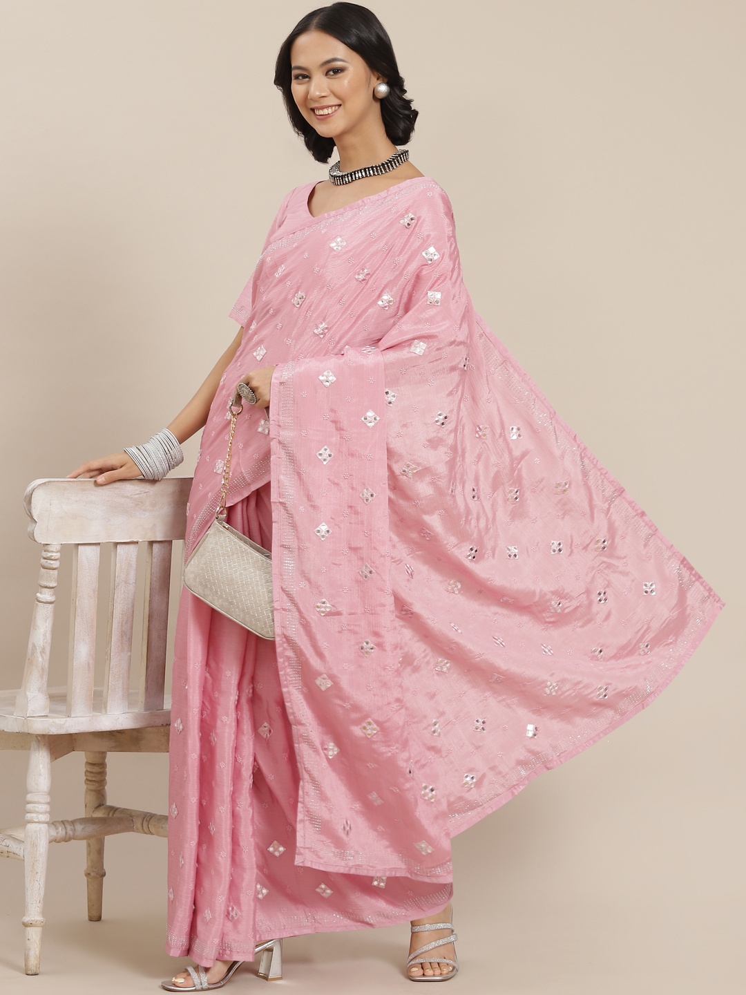 

SHUBHVASTRA Pink Floral Embroidered Saree