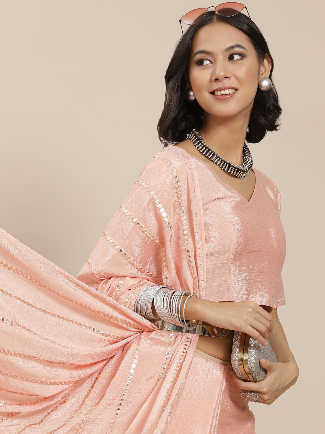 SHUBHVASTRA Peach-Coloured Striped Mirror-Work Saree