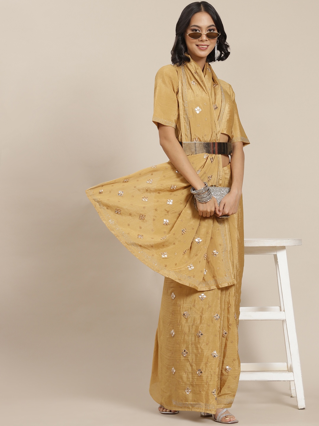 

SHUBHVASTRA Khaki Floral Embroidered Saree