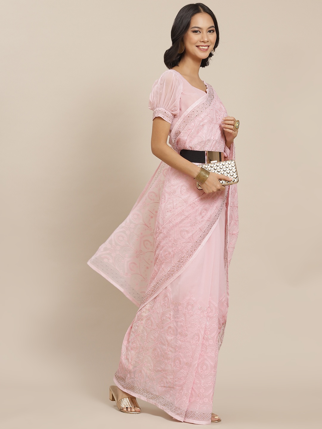 

SHUBHVASTRA Pink Floral Embroidered Saree
