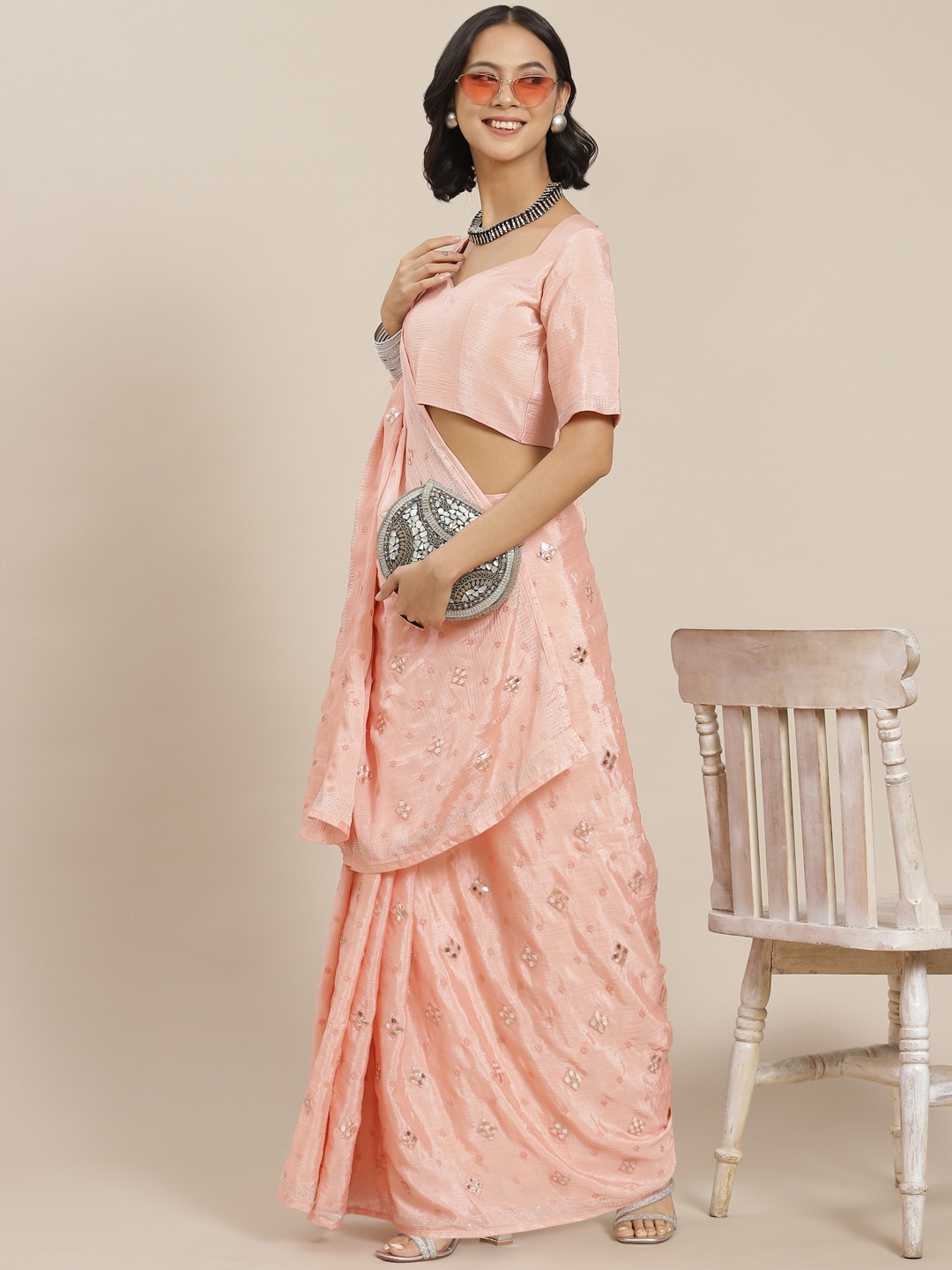 

SHUBHVASTRA Peach-Coloured Embroidered Saree