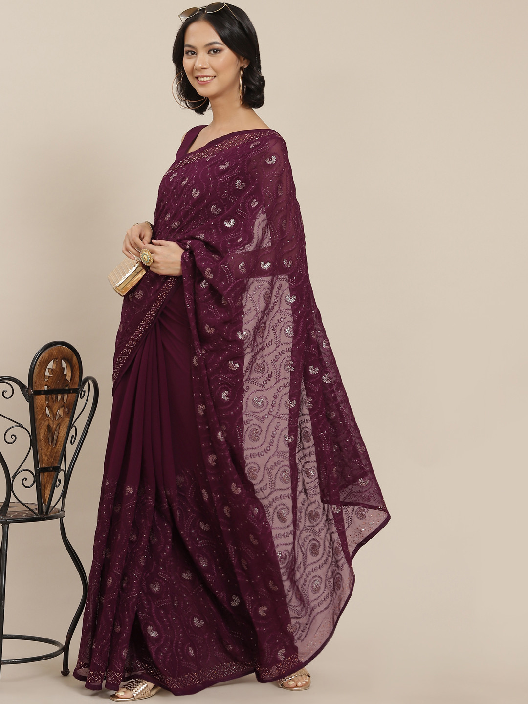 

SHUBHVASTRA Maroon Floral Embroidered Saree