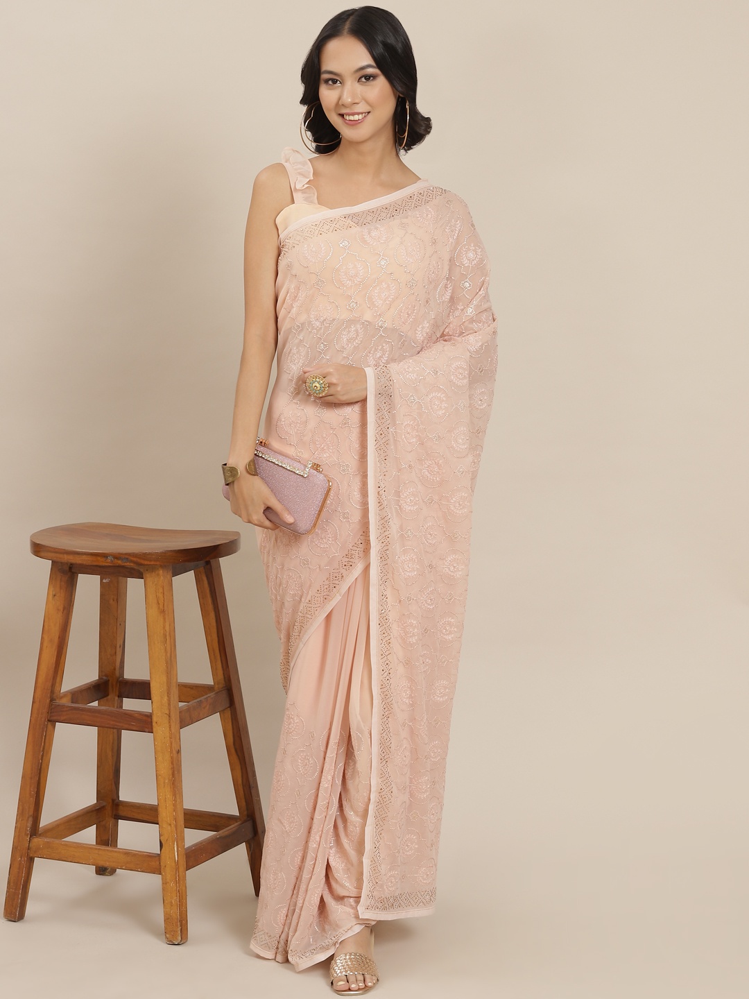 

SHUBHVASTRA Cream-Coloured Floral Embroidered Saree