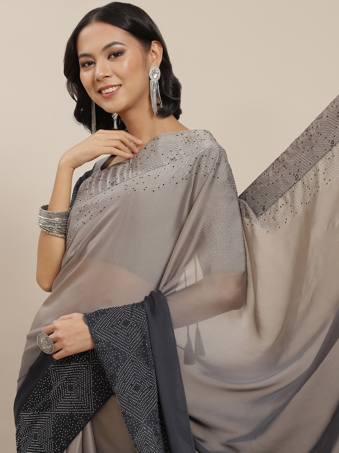 

SHUBHVASTRA Grey Dyed Half & Half Saree