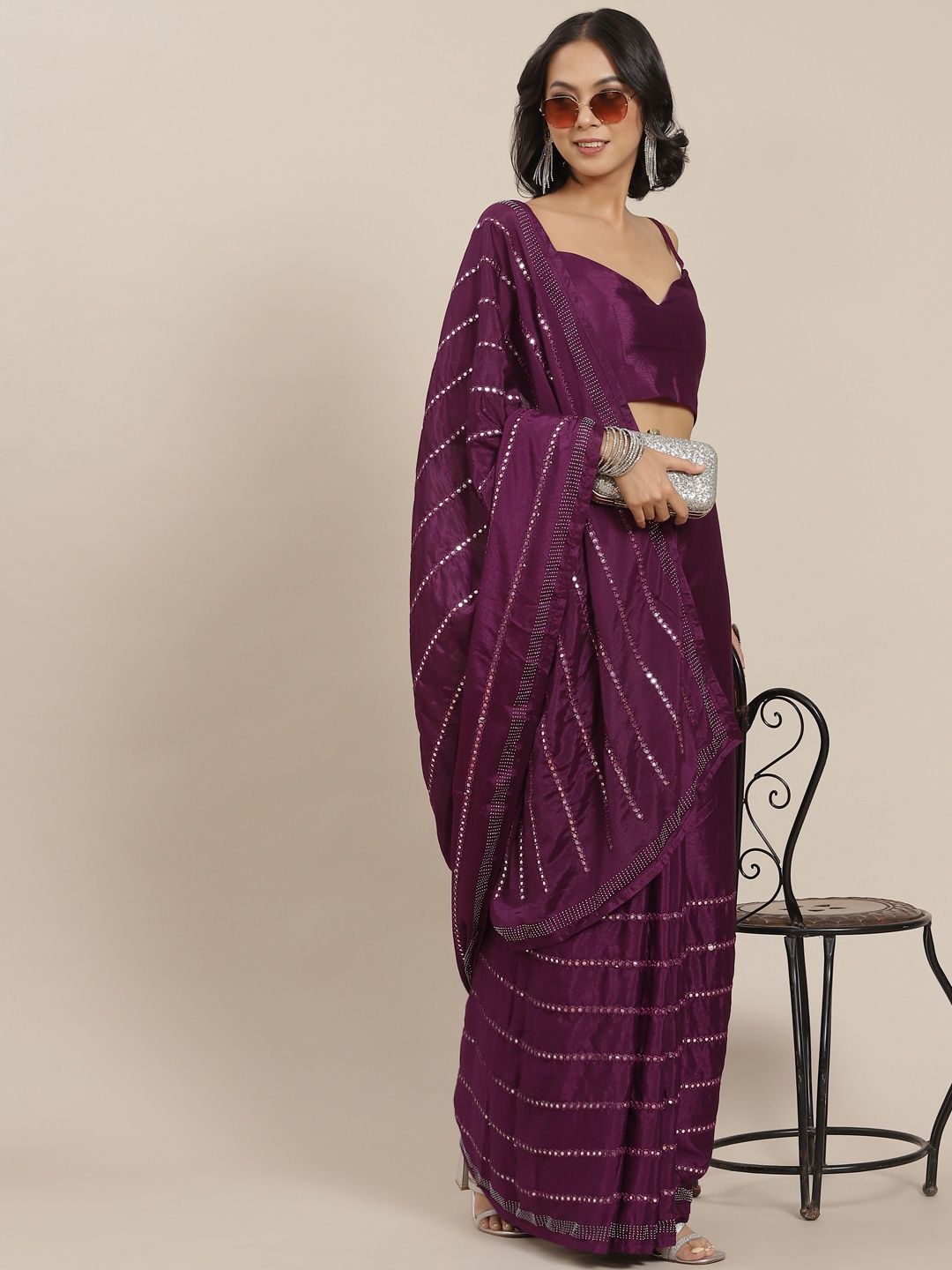 

SHUBHVASTRA Purple Striped Mirror-Work Saree