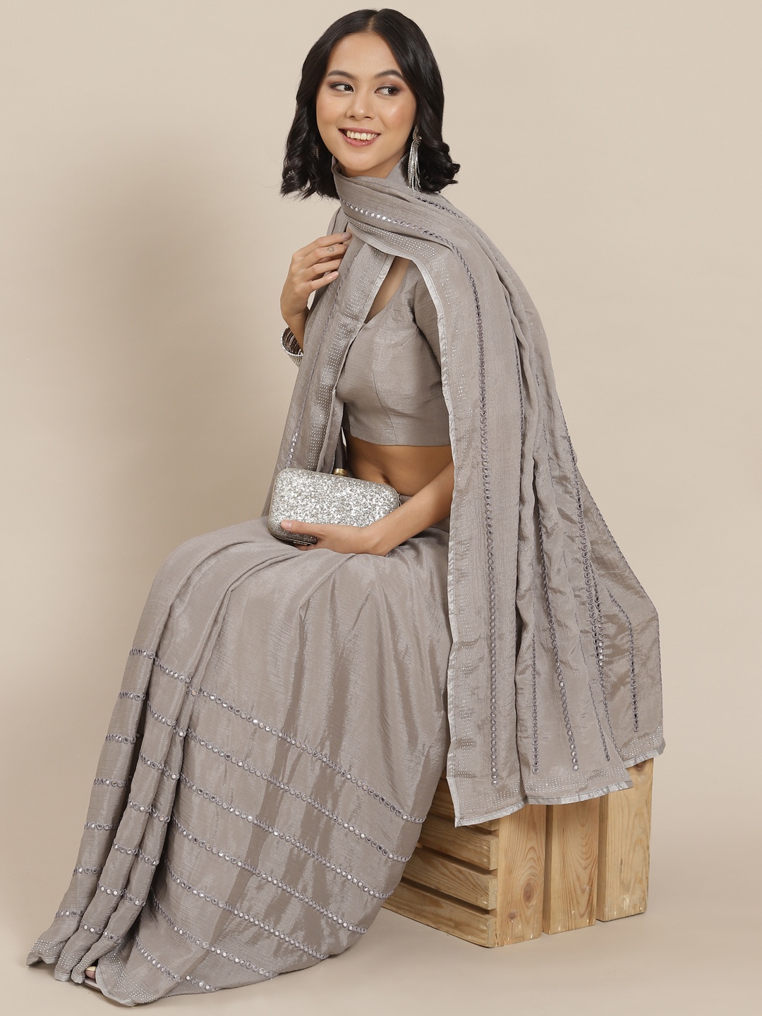 

SHUBHVASTRA Grey Striped Mirror-Work Saree