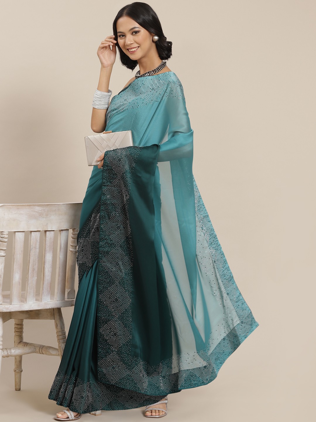 

SHUBHVASTRA Teal Blue Dyed Art Silk Saree