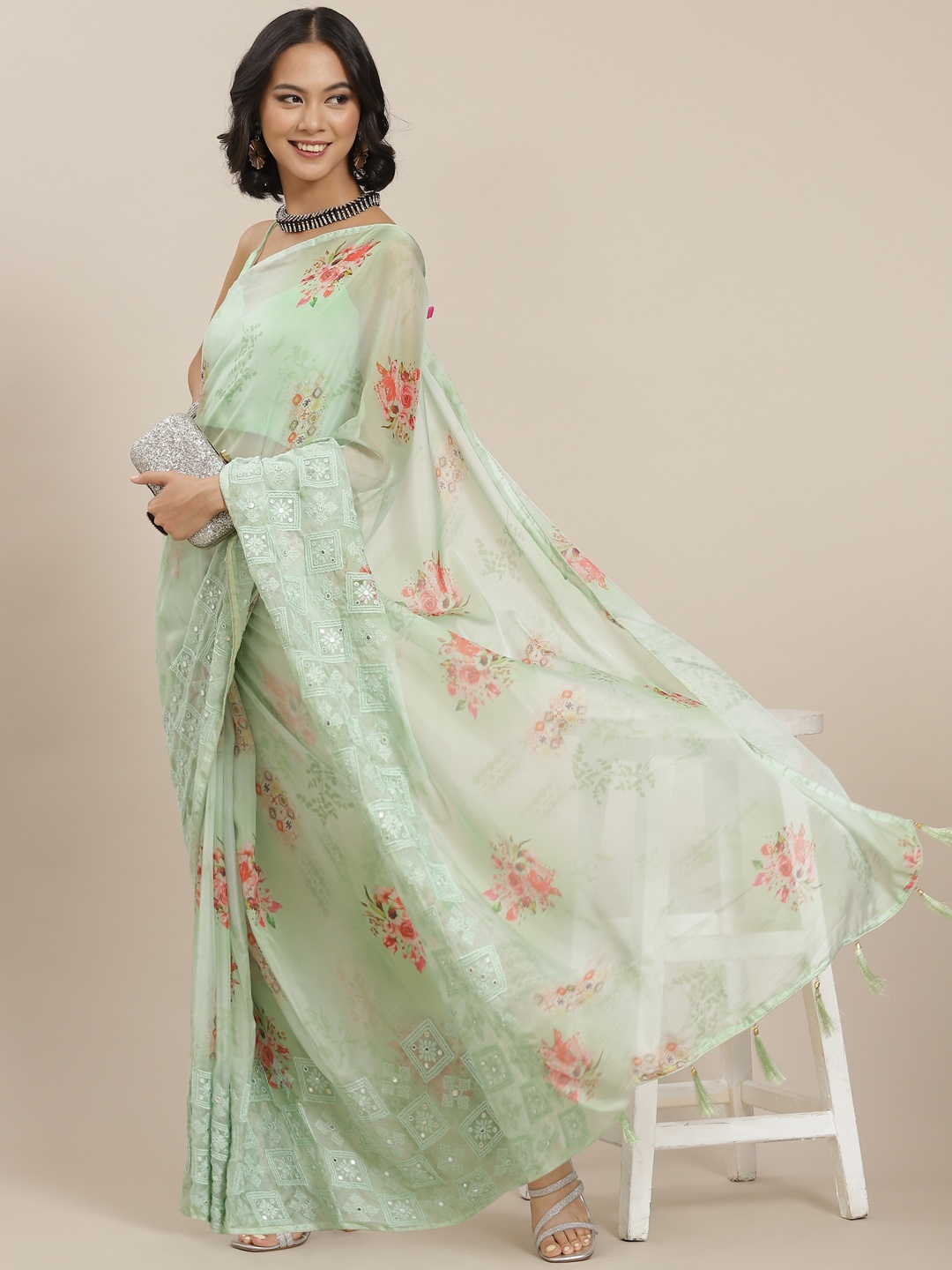 

SHUBHVASTRA Sea Green Floral Embroidered Art Silk Saree