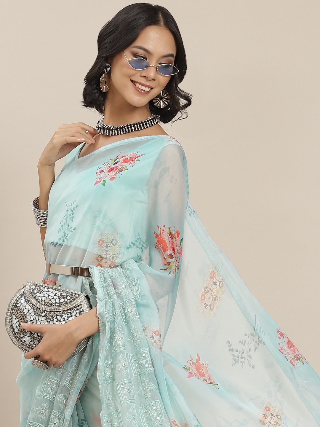 

SHUBHVASTRA Turquoise Blue Floral Embroidered Saree