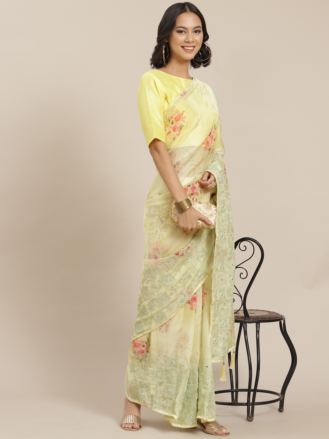 

SHUBHVASTRA Yellow Floral Embroidered Saree