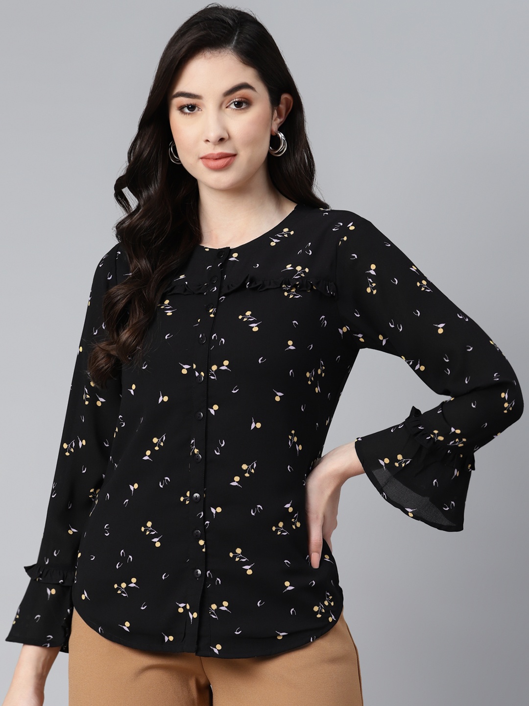 

Ayaany Women Black & Yellow Floral Print Pure Cotton Ruffles Top