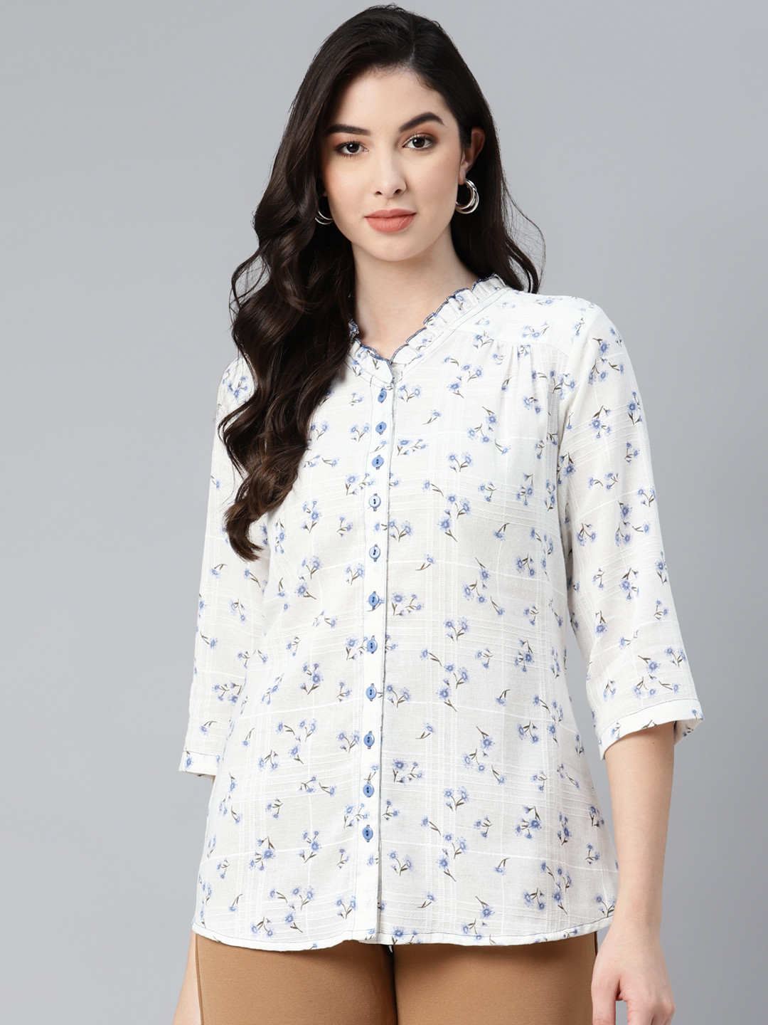 

Ayaany Women White & Blue Floral Print Pure Cotton Shirt Style Top