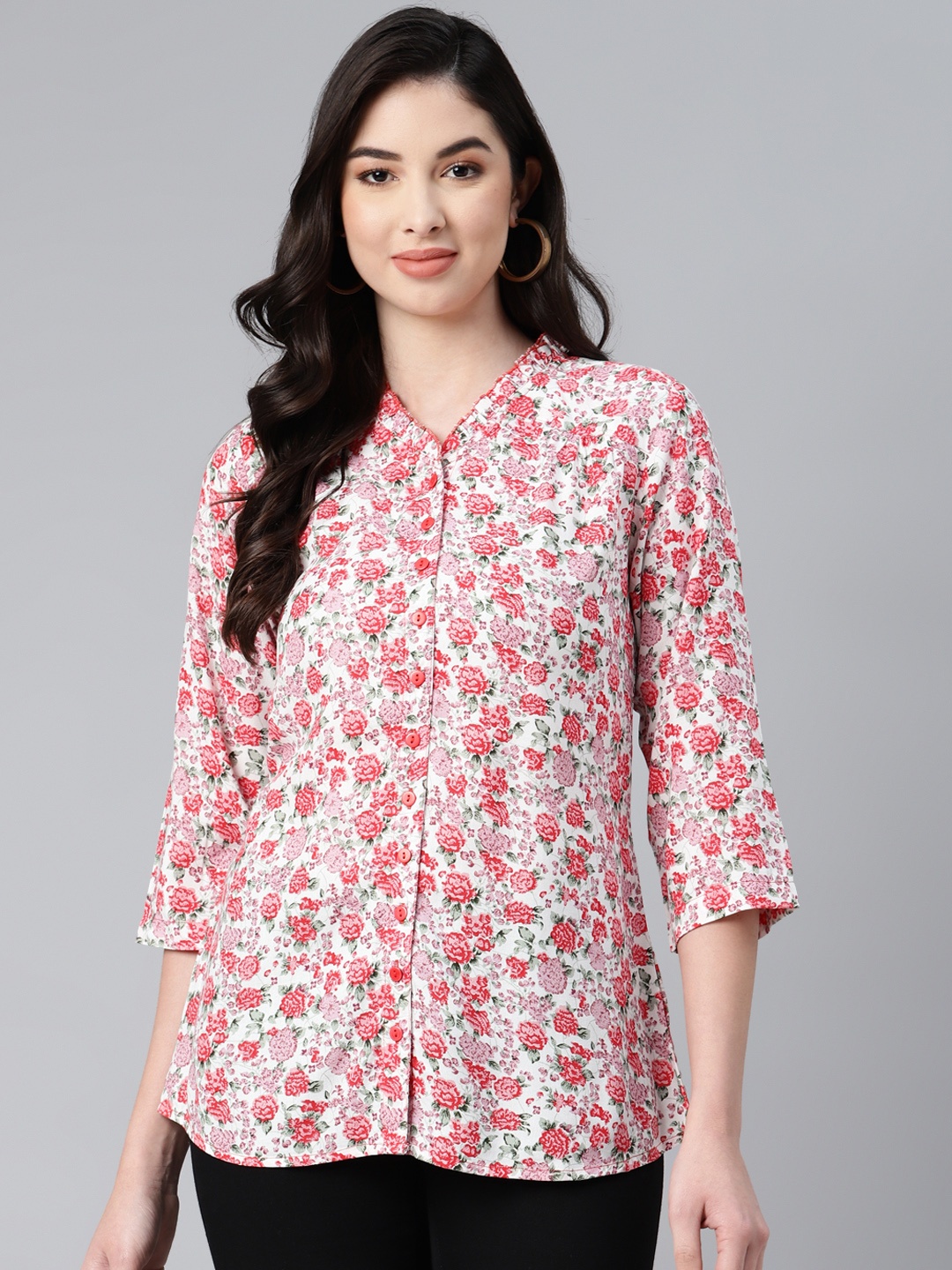 

Ayaany Women White & Pink Floral Print Pure Cotton Shirt Style Top