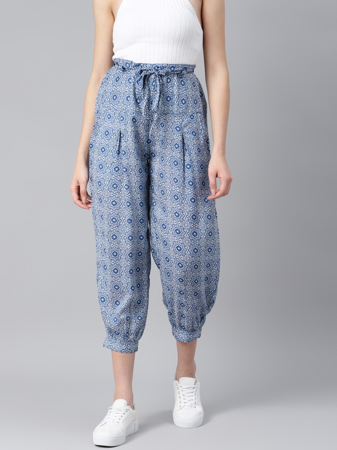 

Ayaany Women Blue Ethnic Motifs Printed Pleated Joggers Trousers