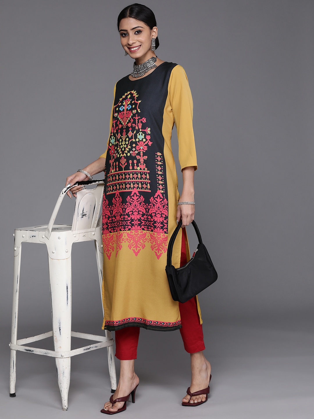 

KSUT Women Black & Mustard Yellow Ethnic Motifs Printed Kurta