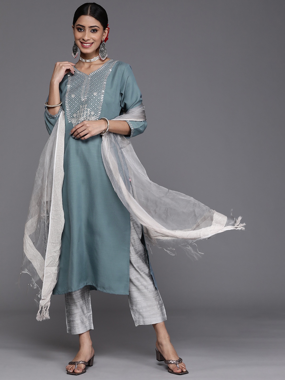 

Varanga Women Blue Yoke Design Sequinned Kurta with Trousers & Dupatta