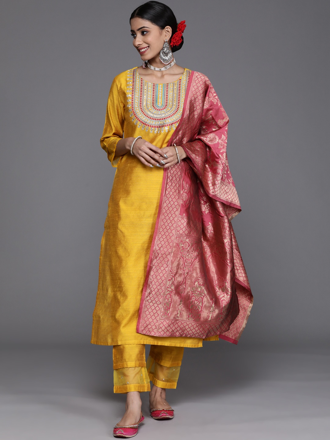 

Varanga Women Mustard Yellow & Pink Yoke Design Kurta with Trousers & Dupatta