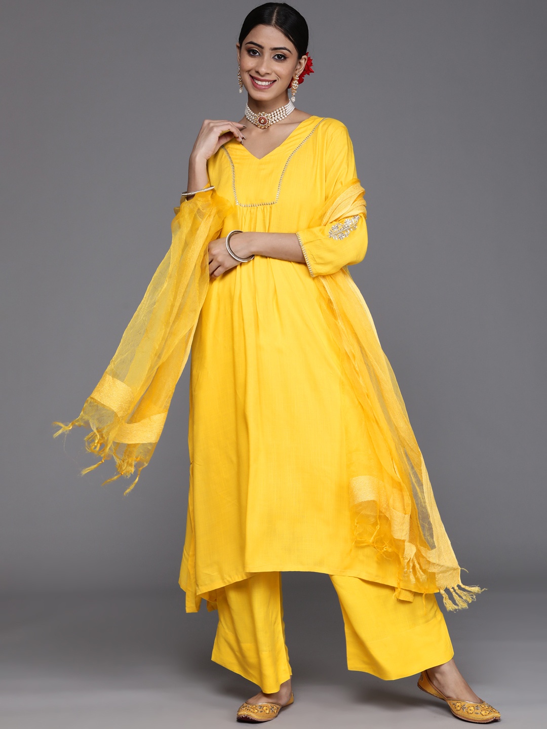 

Varanga Women Yellow Yoke Design Kurta with Palazzos & With Dupatta