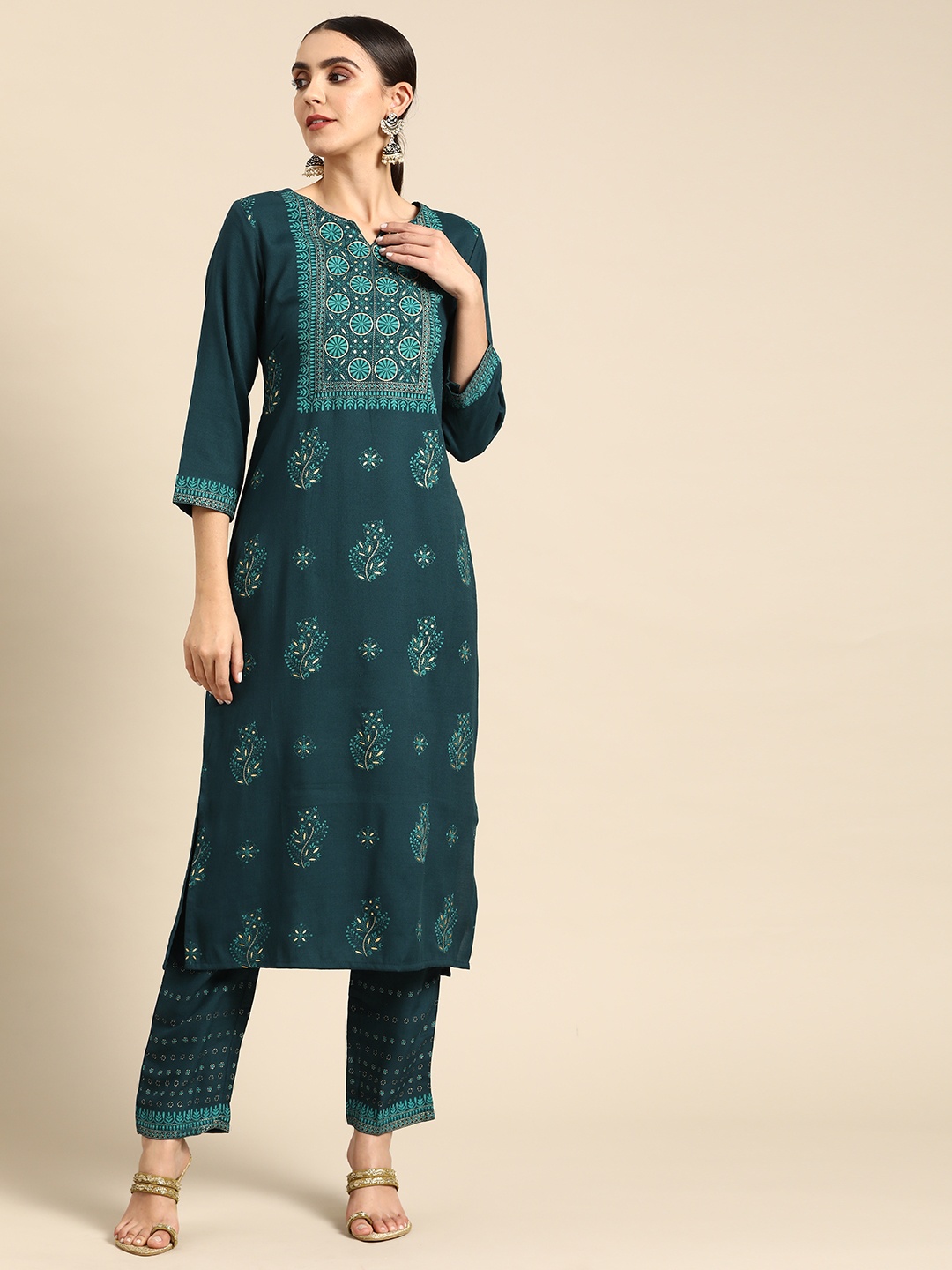 

Anouk Women Teal Blue & Cream-Coloured Floral Print Kurti with Palazzos