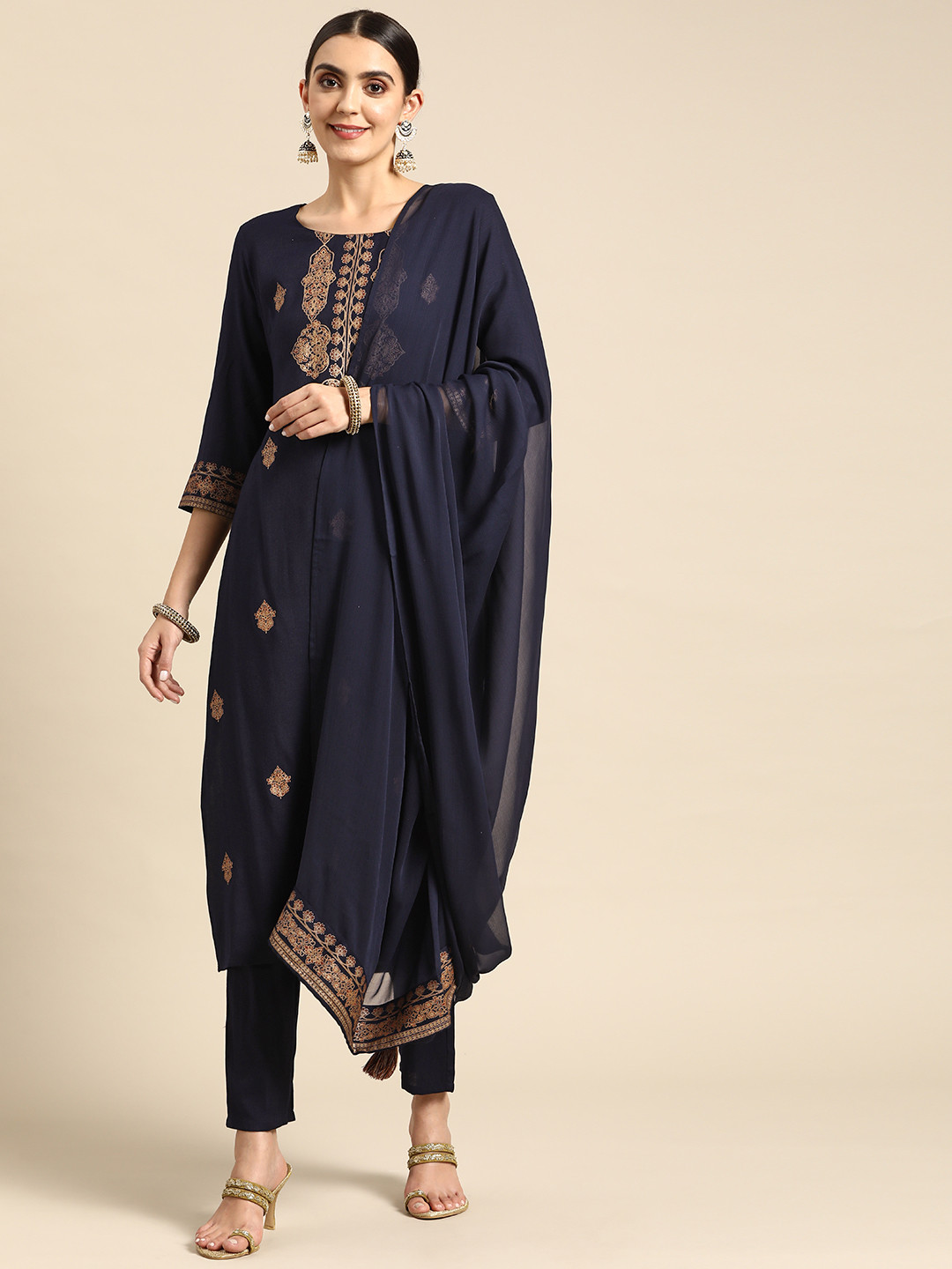 

Anouk Women Navy Blue & Beige Ethnic Motifs Print Kurta with Palazzos & Dupatta