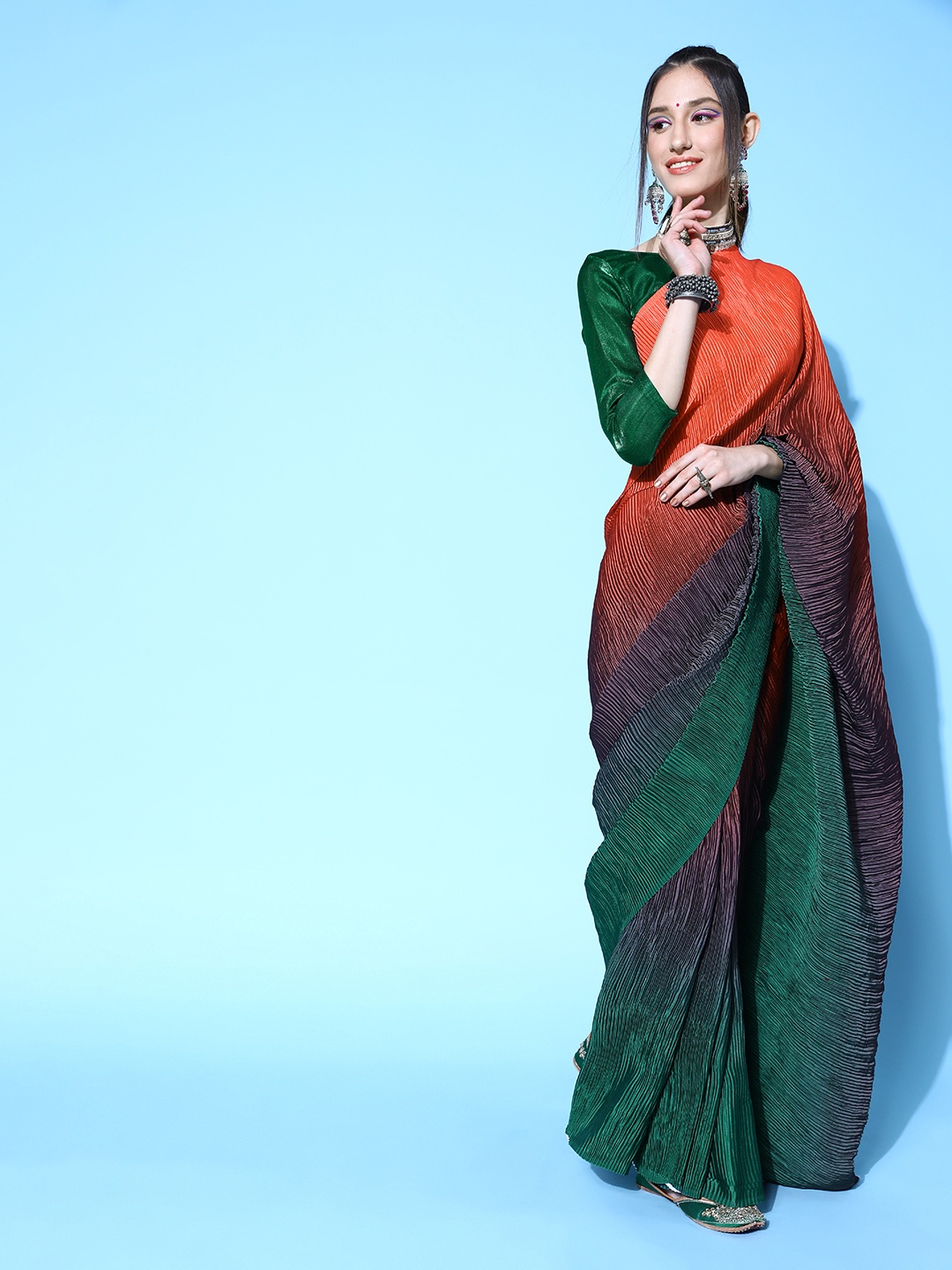 

Mitera Coral Satin Pleated Saree
