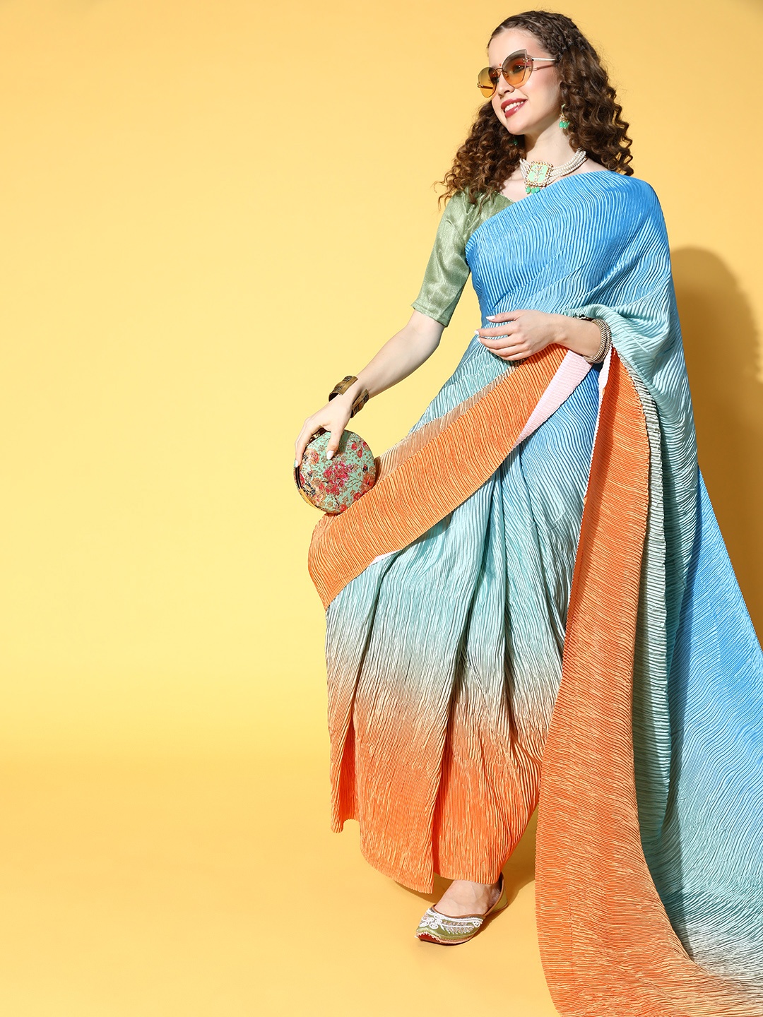 

Mitera Blue Satin Pleated Saree