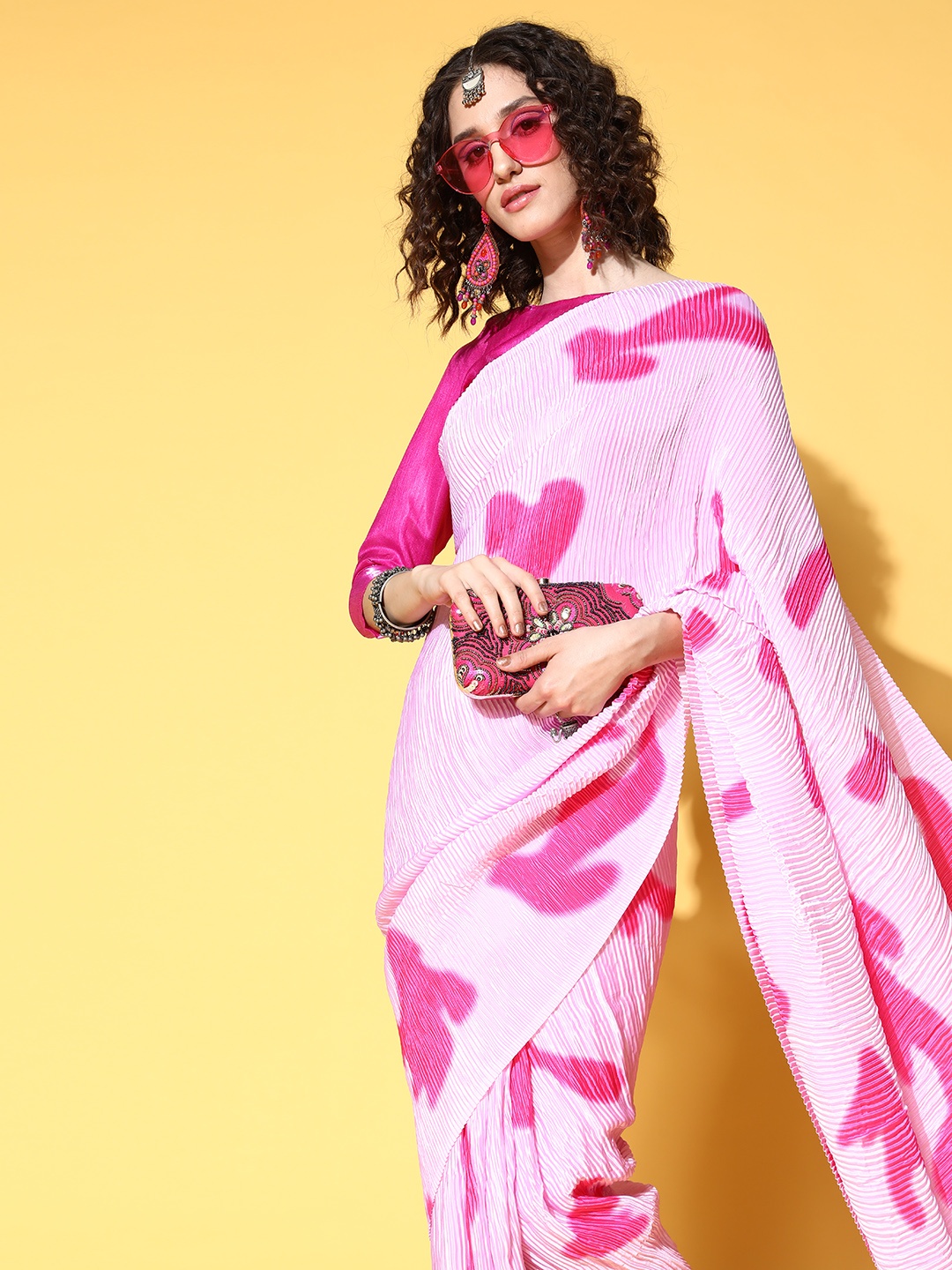 

Mitera Pink Satin Pleated Saree
