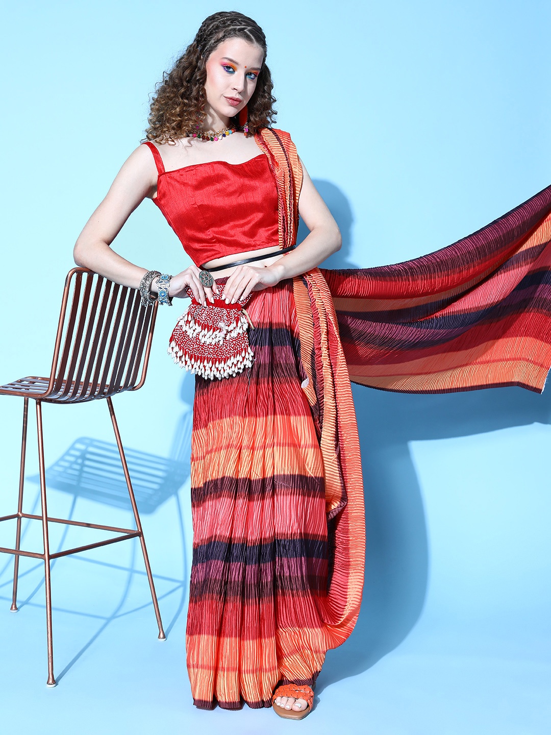 

Mitera Coral Satin Pleated Saree