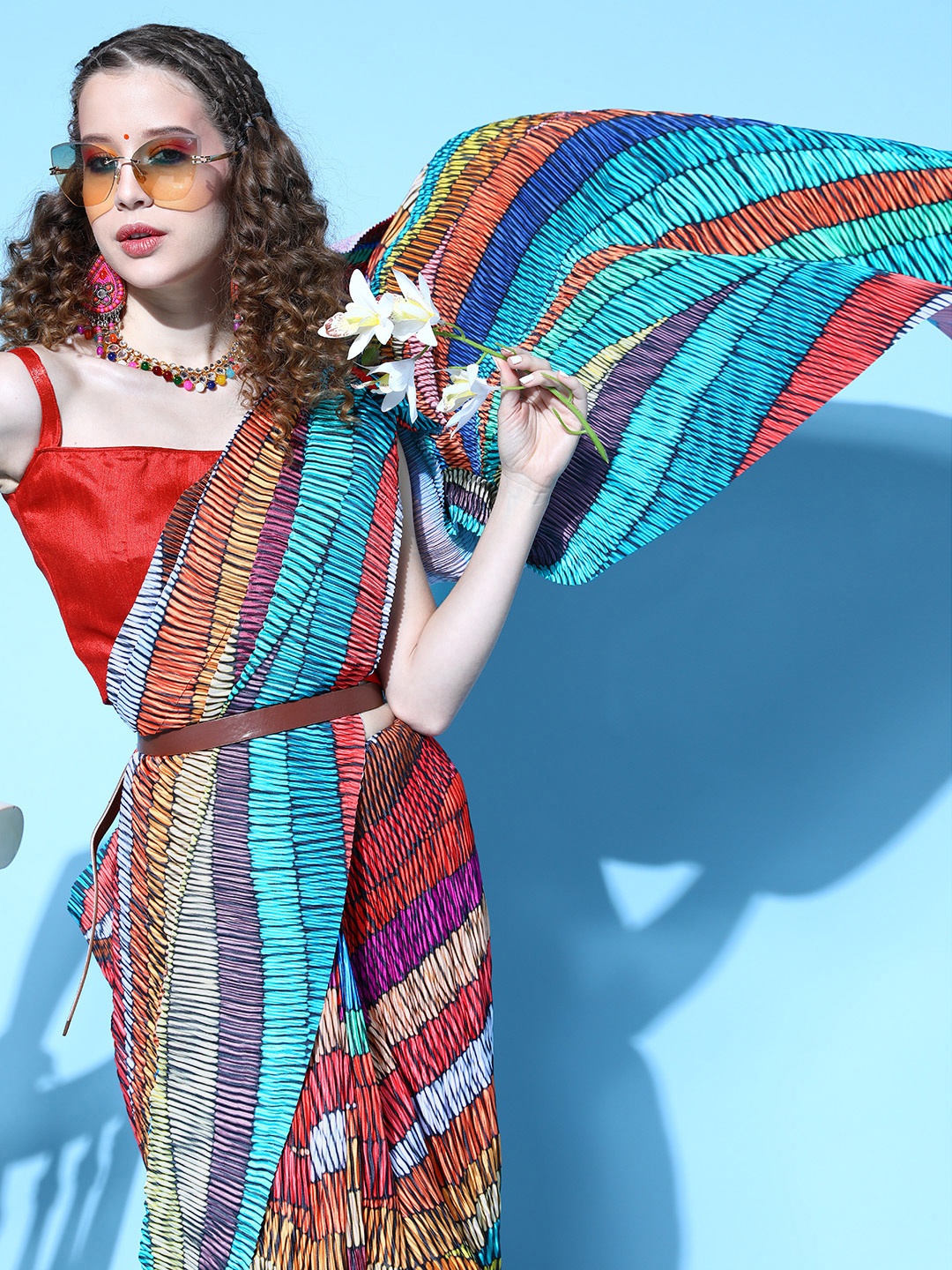 

Mitera Blue Satin Pleated Saree