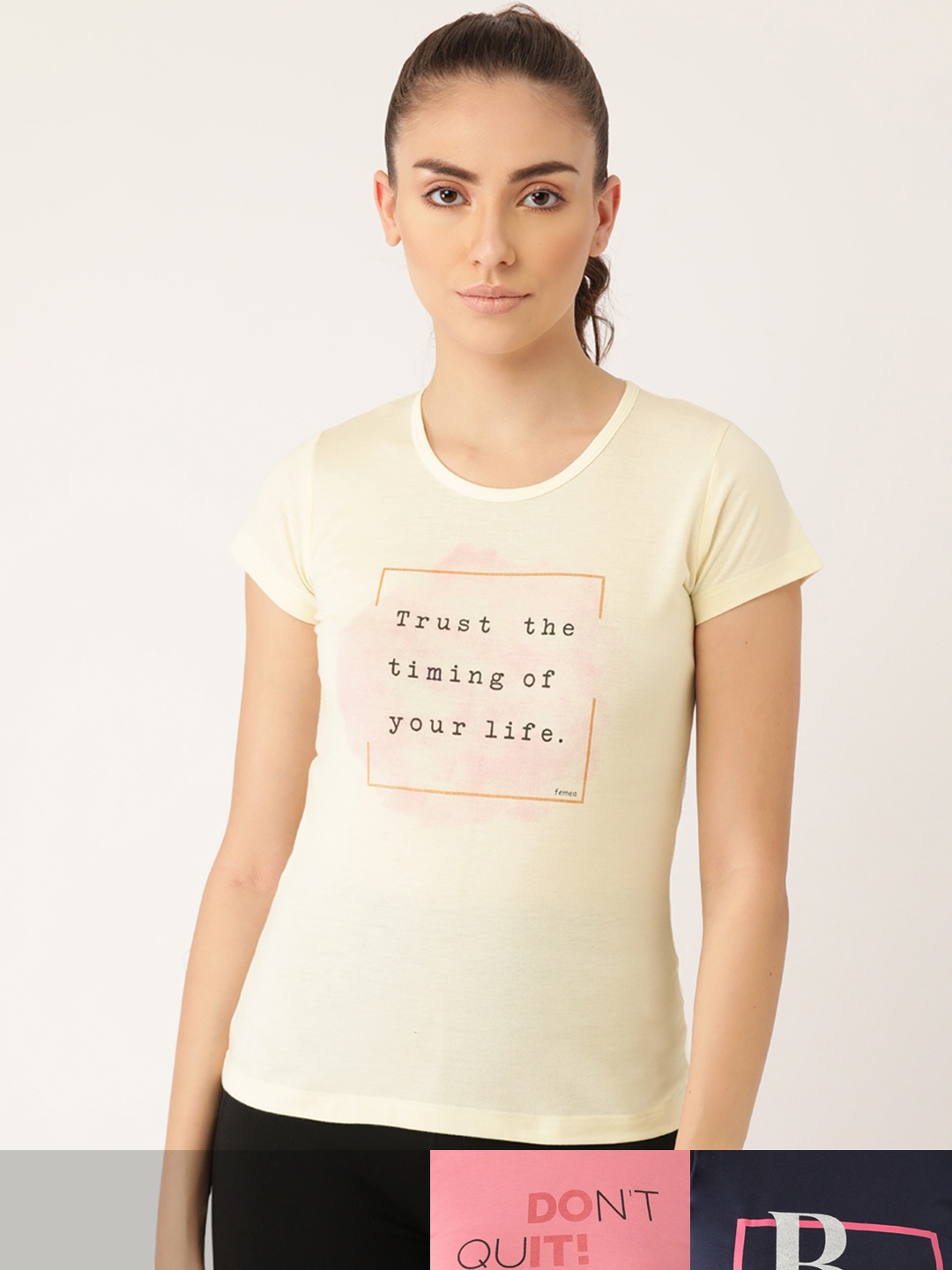 

FEMEA Women Typography 3 Printed Cotton Blend T-shirts, Beige