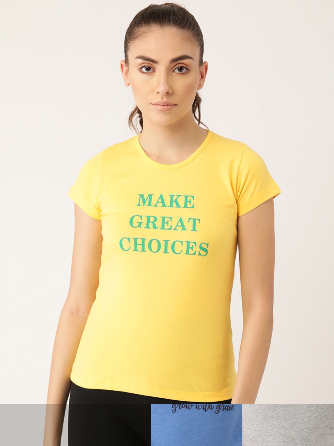 

FEMEA Women Pack Of 3 Typography Print T-shirt, Yellow