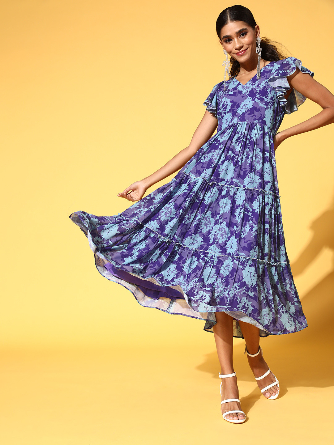 

Janasya Blue & Purple Ethnic Motifs Print Flutter Sleeve A-Line Midi Dress