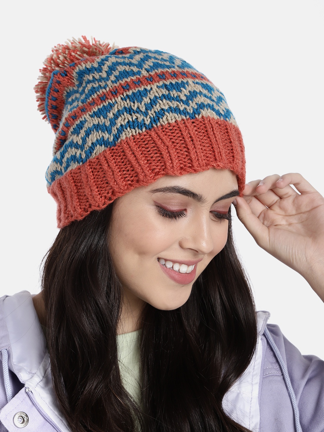 

Magic Needles Unisex Red & Blue Self Design Beanie