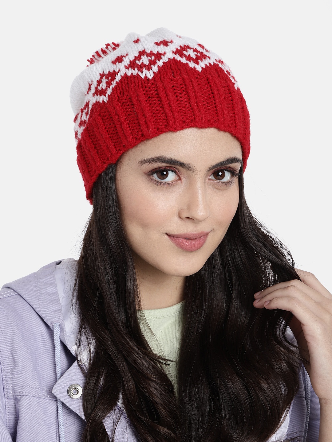 

Magic Needles Unisex White & Red Self Design Beanie