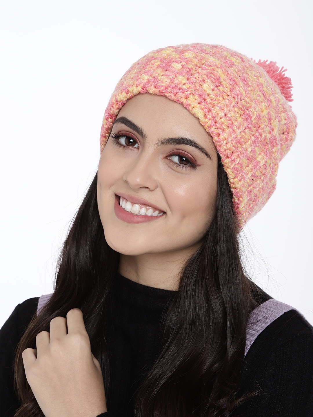 

Magic Needles Unisex Peach-Coloured & Yellow Handmade Beanie with Pompom Detail