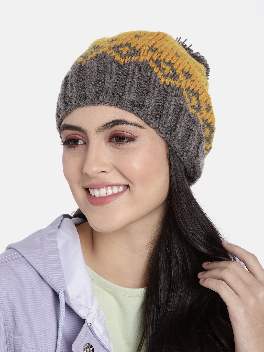 

Magic Needles Unisex Yellow & Taupe Self Design Beanie