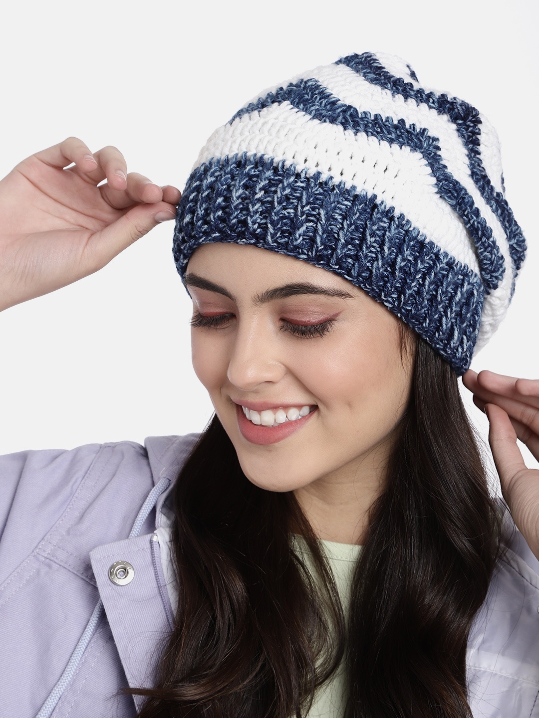 

Magic Needles Unisex Blue & White Striped Beanie