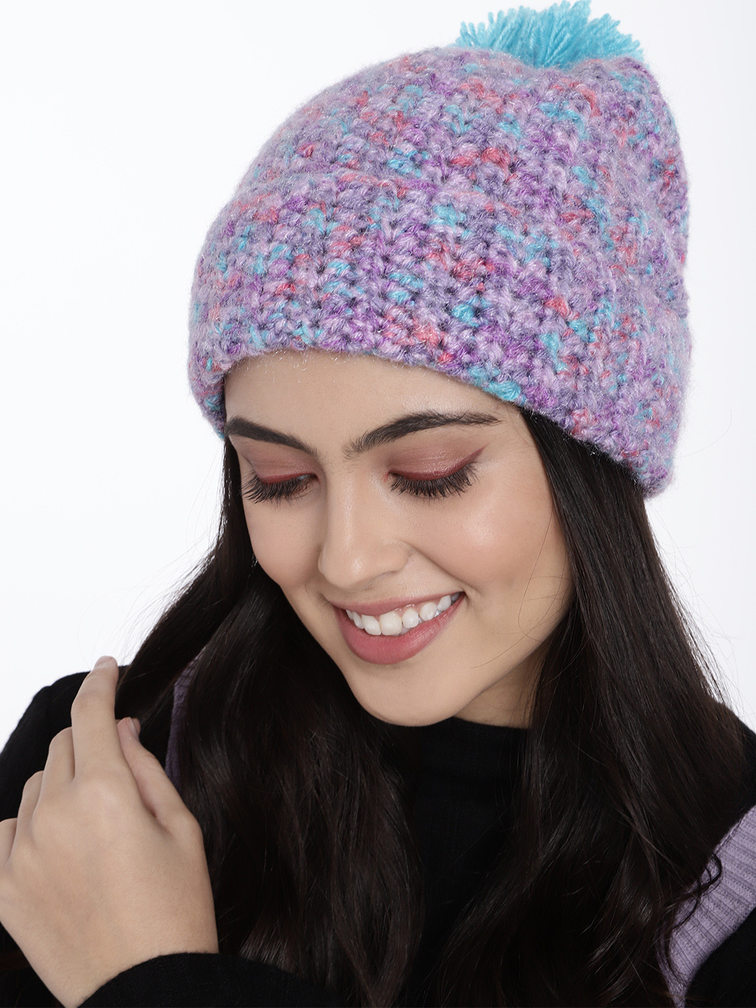 

Magic Needles Unisex Purple & Blue Handmade Beanie with Pompom Detail