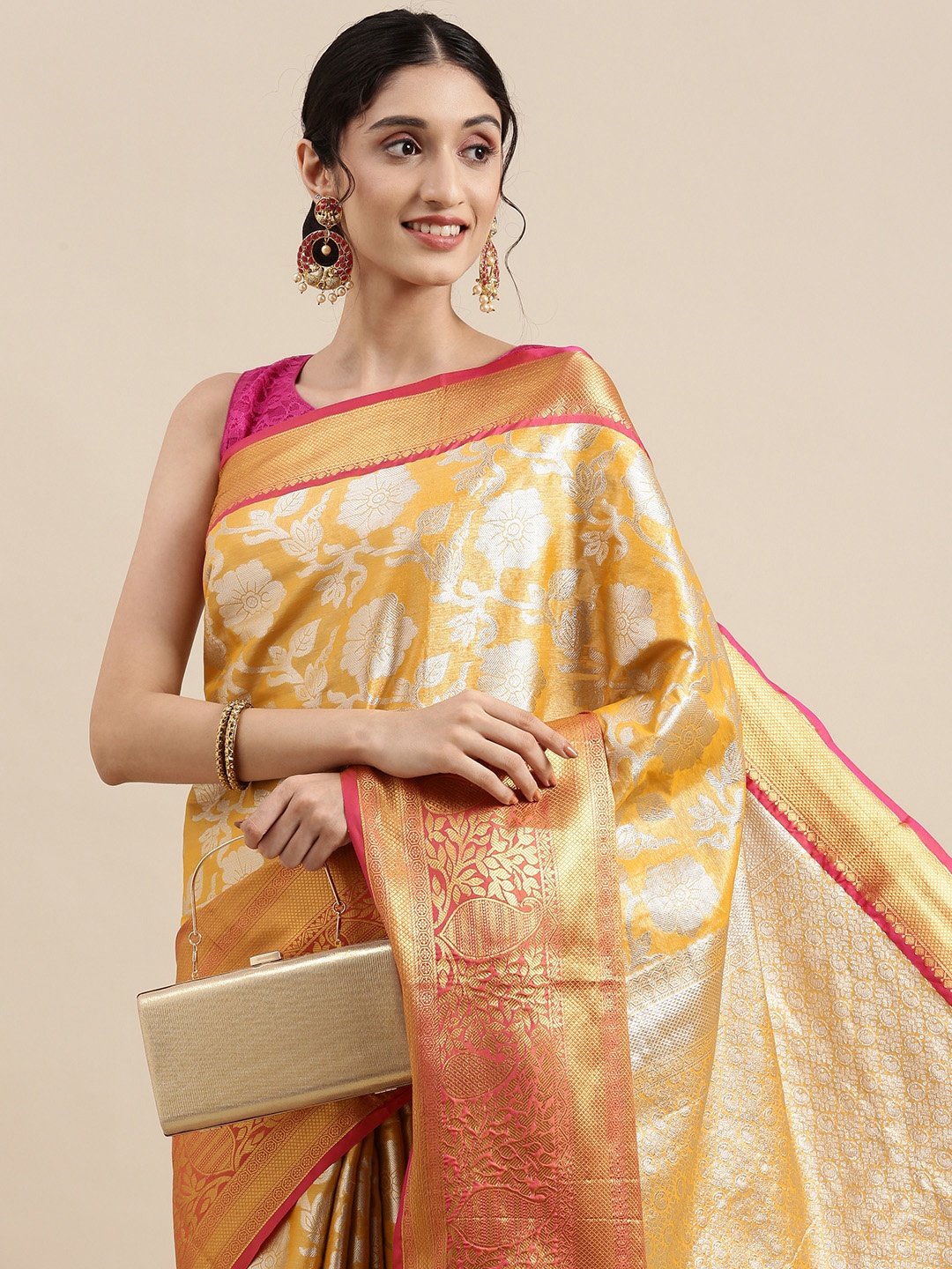 

Mitera Mustard Yellow & Silver Floral Zari Tissue Celebrity Banarasi Saree