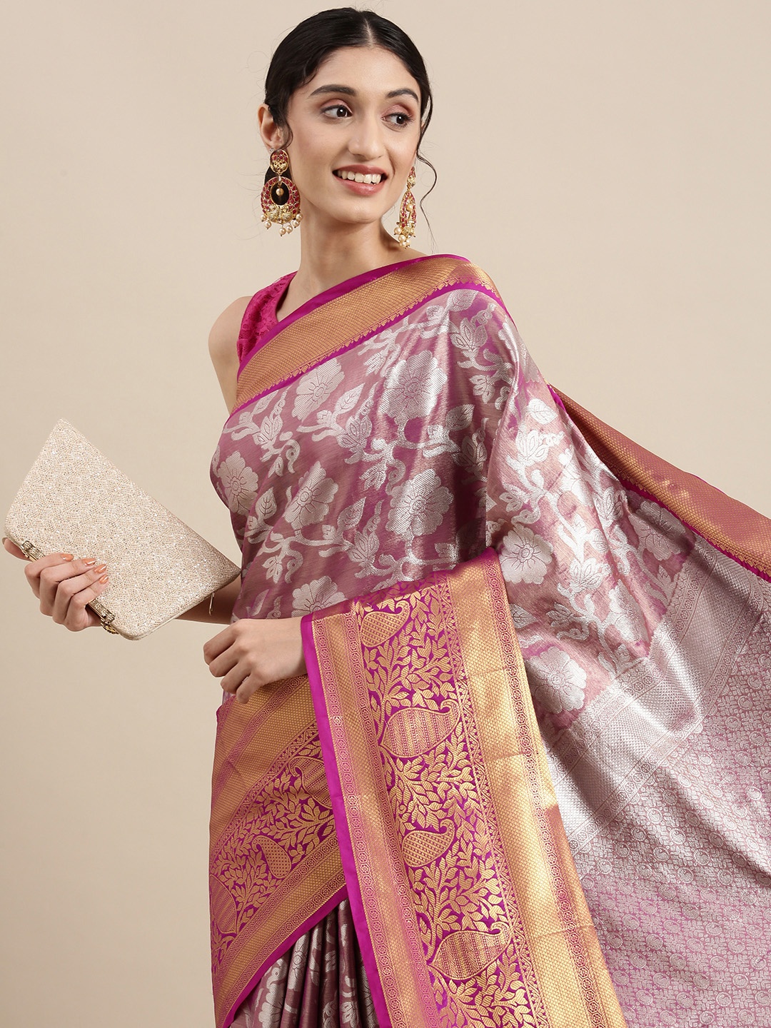 

Mitera Purple & Silver-Toned Woven Design Zari Tissue Banarasi Saree