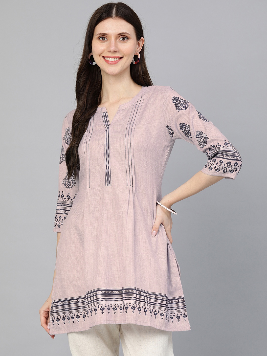 

ETIQUETTE Lavender & Navy Blue Ethnic Motifs Print A-Line Kurti